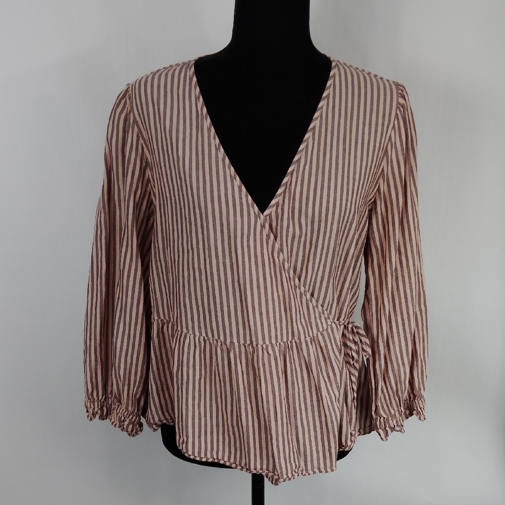 Madewell Mauve and Cream Striped Wrap Blouse